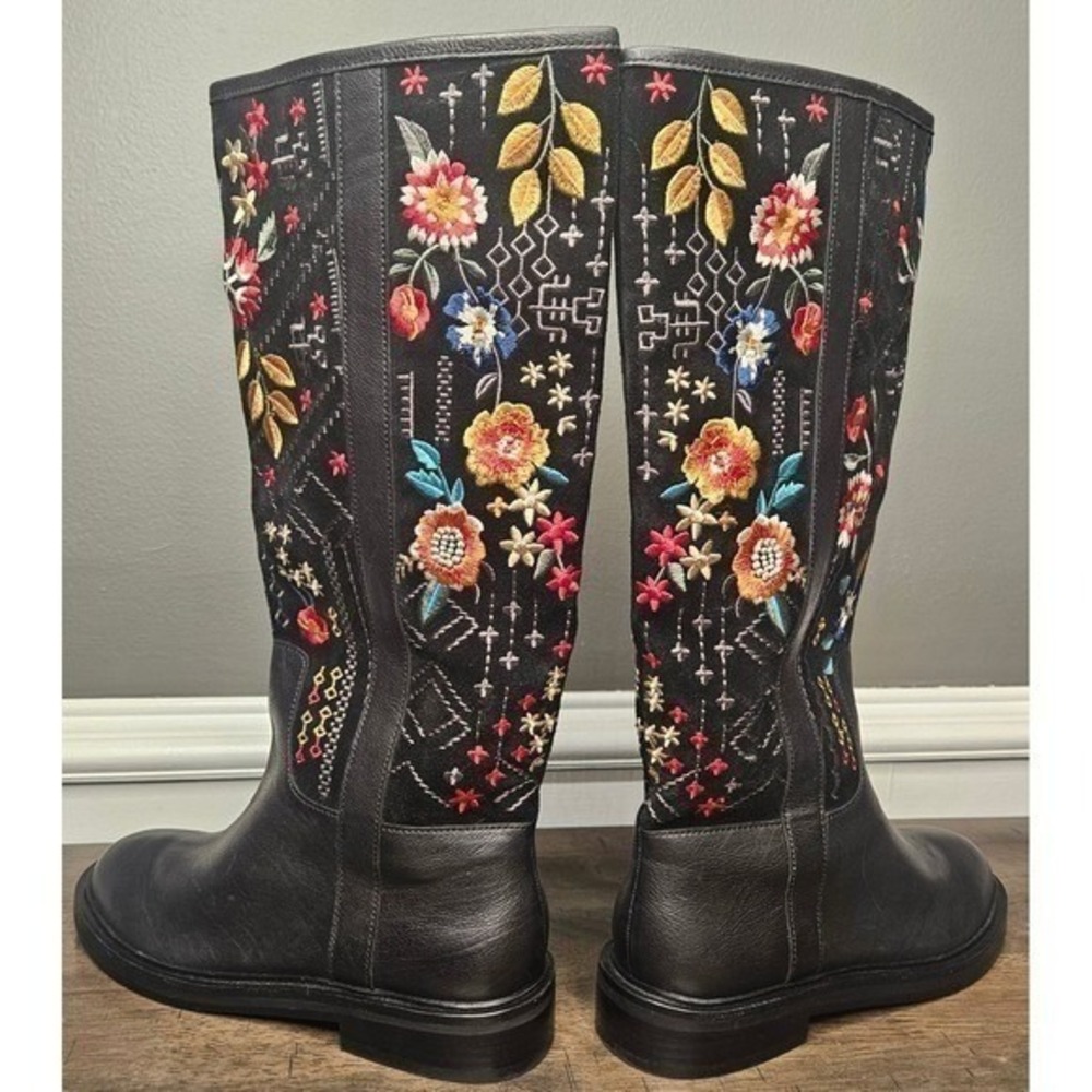 Johnny Was Embroidered Knee High Tall Riding Boots Pull On Boho Black Size 6 New - Picture 5 of 11